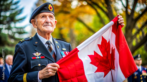 Veteran in uniform holding Canadian flag, outdoors with autumn foliage, solemn expression.