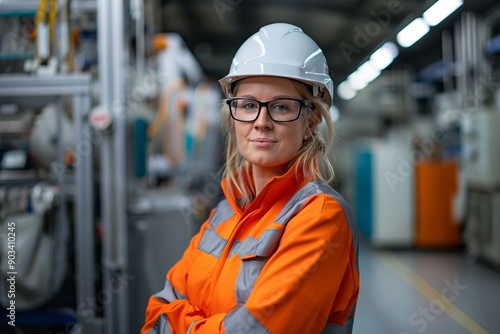 Confident Female Engineer in Safety Gear Posing in an Industrial Factory Setting