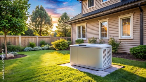 Home standby generator installed in backyard of house , residential, air-cooled, natural gas