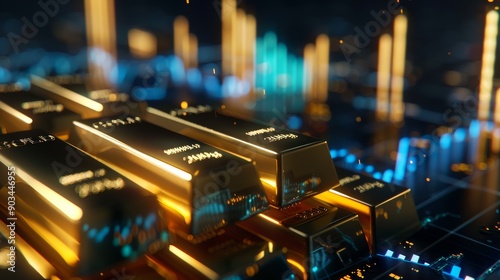 A close up of gold bars with a blue background