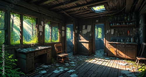 woodland old abandoned house cabin interior in the woodland woods on a sunny summer day. overgrown wooden home with sunlight coming through windows in the forest.