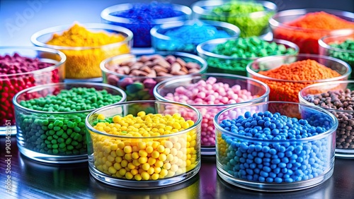 Colorful polymer granulates in laboratory setting , plastic, polymer, granules, dyed, color, science