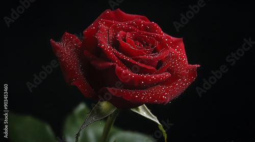 A single red rose with dew drops clinging to its velvety petals, set against a black background for a dramatic effect 