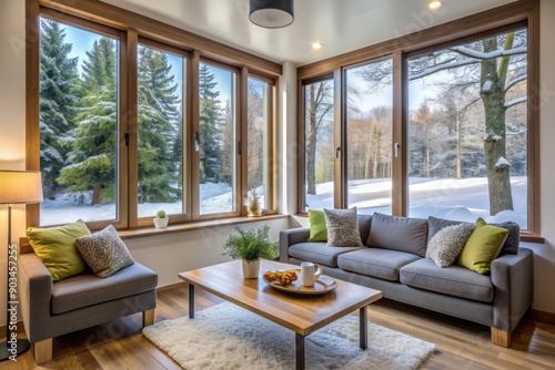 Modern double-glazed insulated windows in a cozy living room, allowing natural light to enter while keeping cold air out, reducing energy consumption and costs.