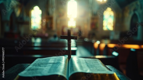 Golden Light Illuminates An Open Bible And Cross Inside A Historic Church