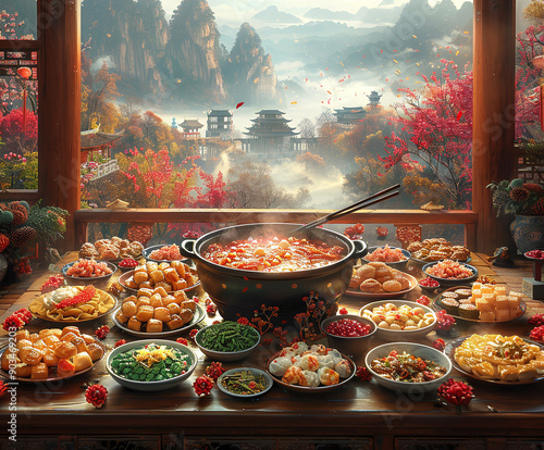 Scenic Chinese Village with Traditional Hot Pot