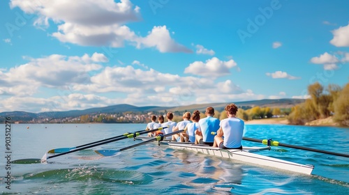 A team of rowers gliding across a serene lake under a bright sky, showcasing teamwork and athleticism in a natural setting.