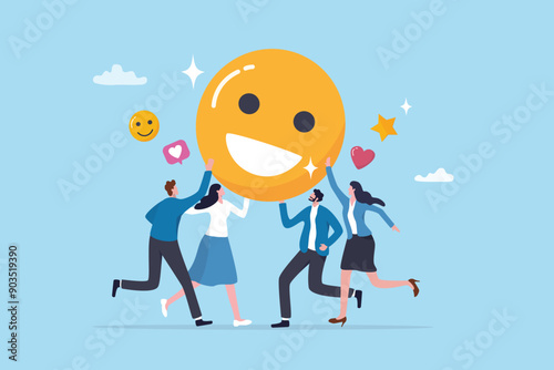 Employee satisfaction, workplace happiness or success team motivation, employee engagement or participation, feedback or company survey rating concept, business people employee with smile happy face.