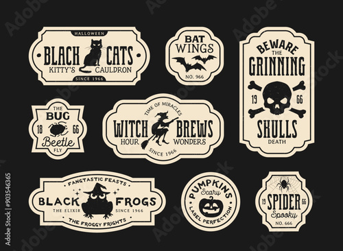 Halloween potion bottle labels for witch elixir and horror night holiday drinks, vector vintage paper tags. Halloween trick or treat party potion labels with skull crossbones, pumpkin and witch frog