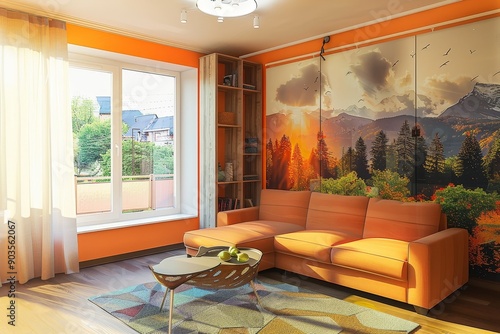 The interior of the living room in orange tones with sofa, Generative AI