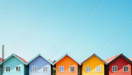 Vibrantly colored houses with red, yellow, blue, and orange exteriors stand in a row against a clear blue sky.