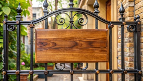 Blank wooden nameplate at the entrance to house. Nameplate outside of the wrought gate. Home decoration concept