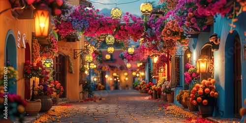 Colorful street adorned for Dia de los Muertos with flowers and