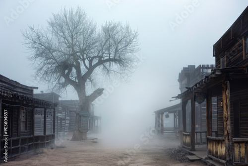 A Foggy, Eerie Western Town Street with a Lone Tree