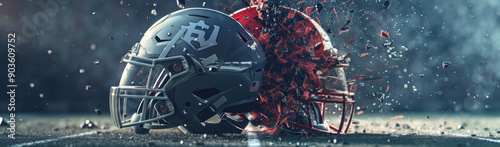 Two American football helmets, one grey and one red, explode into a shower of red and grey fragments. The image symbolizes the excitement and intensity of the sport, the impact of a collision, and the