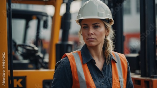 Confident female worker operating forklift machine.