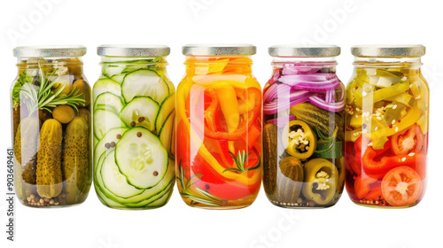 Pickled vegetables in jars on transparent background