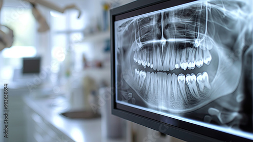 Close-up of a dental X-ray displayed on a monitor in a modern dental clinic.