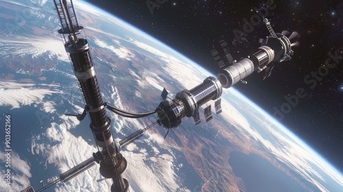 A computer-generated scene of a space elevator extending from Earth to a orbital station, with realistic atmospheric effects,