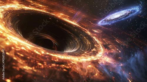 A CGI visualization of a black hole warping space-time, with a realistic accretion disk and gravitational lensing effects