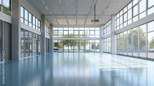 interior of an empty car salon, empty car showroom showroom with large glass windows, all cars are sold out, generative ai