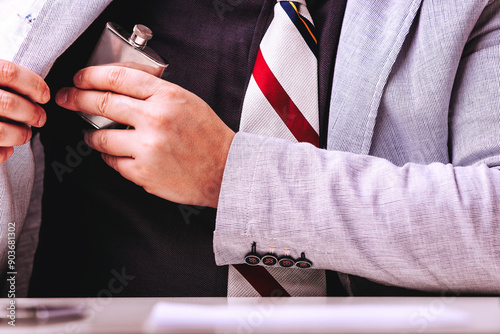 Businessman hiding flask with alcohol in suit pocket