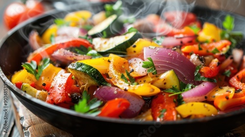 A close-up of colorful grilled vegetables, including peppers and onions, in a steaming hot skillet.