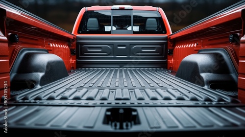 Interior view of a red pickup truck bed with a black liner. The empty truck bed showcases the texture and spaciousness suitable for cargo transport.