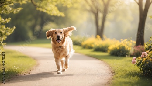 A scenic afternoon scene of a happy dog