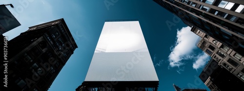 A tall white billboard stands upright on the side of a building. mock up