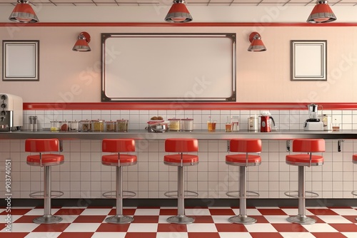 Retro 1950s Diner Kitchen with Red Vinyl Bar Stools and Checkered Floor, Blank Poster for Menu Display