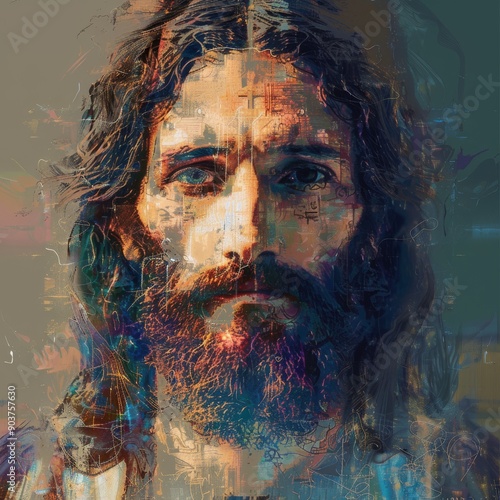 Close-up portrait of a male figure with long hair and a beard, showcasing an artistic blend of colors and abstract elements.