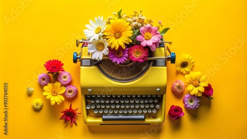 Vibrant yellow typewriter surrounded by colorful flowers on a bright yellow background, symbolizing creativity and inspiration for writers and poets to pour out their thoughts.