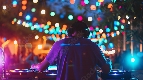 A dj is mixing music at a vibrant outdoor party, surrounded by colorful string lights and an excited crowd. The atmosphere is lively and festive during the night event