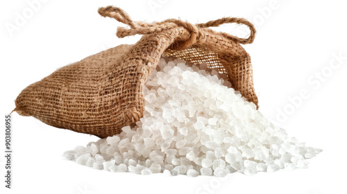 Sea salt in jute sack on transparent background