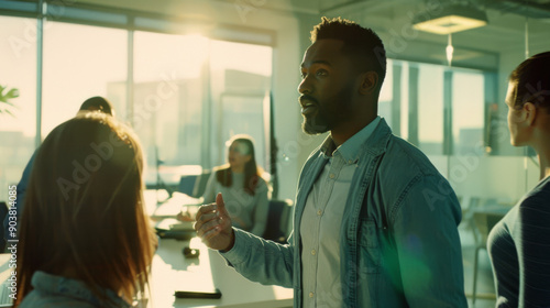 Professional engaged in a lively discussion, passionately presenting ideas in a modern, sunlit office setting.