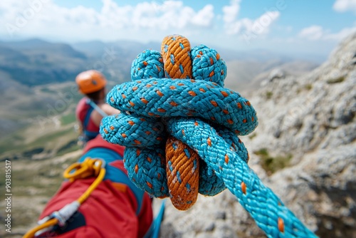 11. A climber belaying their partner from a secure anchor point, with the rope taut and the mountain wall in view