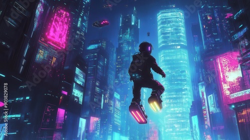 A futuristic cityscape with towering skyscrapers and flying cars, featuring a young girl with neon-lit hoverboard gliding through the air, in a sleek, cyberpunk cartoon style, on a black background 