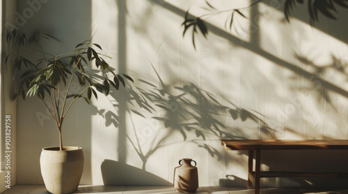 The soft interplay of light and shadows casts poetic silhouettes of a plant and pottery in a minimalist room, creating a serene and contemplative ambience.