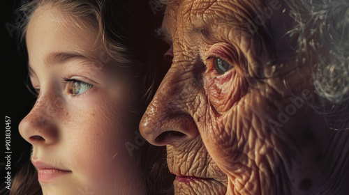 Close-up of a young girl and elderly woman facing opposite directions, highlighting contrast in age, experience, and the circle of life.