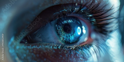 A close-up shot of a human blue eye with eyelashes and iris detail