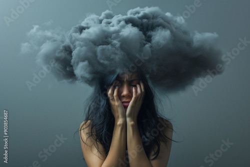 Depressed Woman with Black Cloud Overhead – Emotional Distress