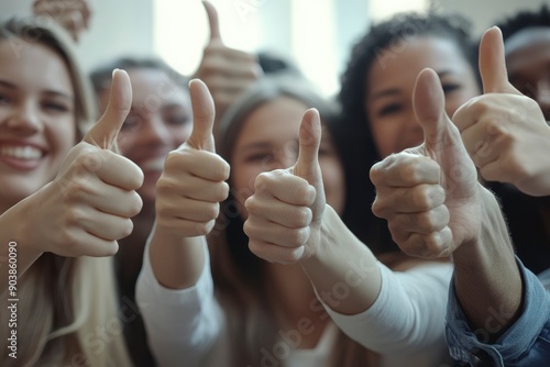 Close up of group of diverse people showing raised thumbs at camera as gesture of recommendation or good choice. Professional multicultural team demonstrates satisfaction , ai