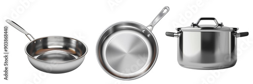 Metal saucepan with lid and frying pan of different shapes, a set of three types of dishes, insulated , cut-out background