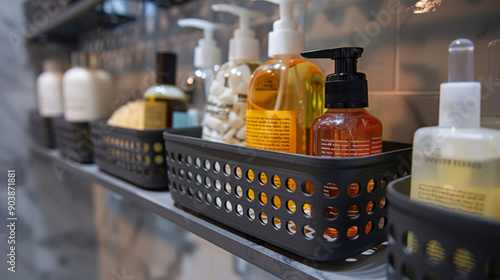 A neatly organized bathroom shelf lined with various toiletries, including lotions, shampoos, and hygiene products, in plastic baskets.