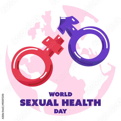 World Sexual Health Day concept background. Square banner. A flat illustration with contraceptives and male and female sex symbols in pink and blue on background earth. Sex education, birth control.