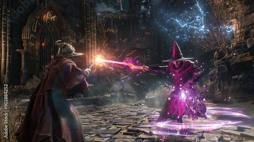 A video game screenshot of two mages battling each other.