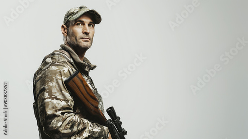 Camouflaged hunter in military attire holding rifle, confident expression, background, hunting preparation concept