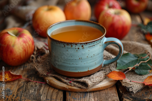 Mug of hot apple cider or tea on a rustic table