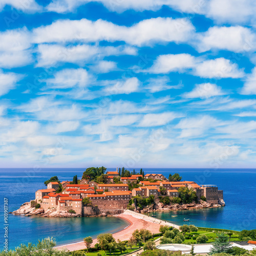 beautiful summer landscape of amazing resort on amazing island with yellow ancient walls and orange tile roofs among sea vawes and nice blue sky on background